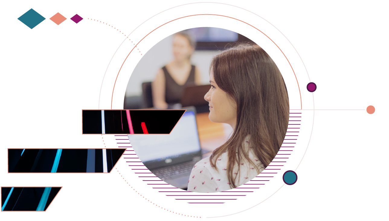 picture of a colleague in a circle with a pattern around
