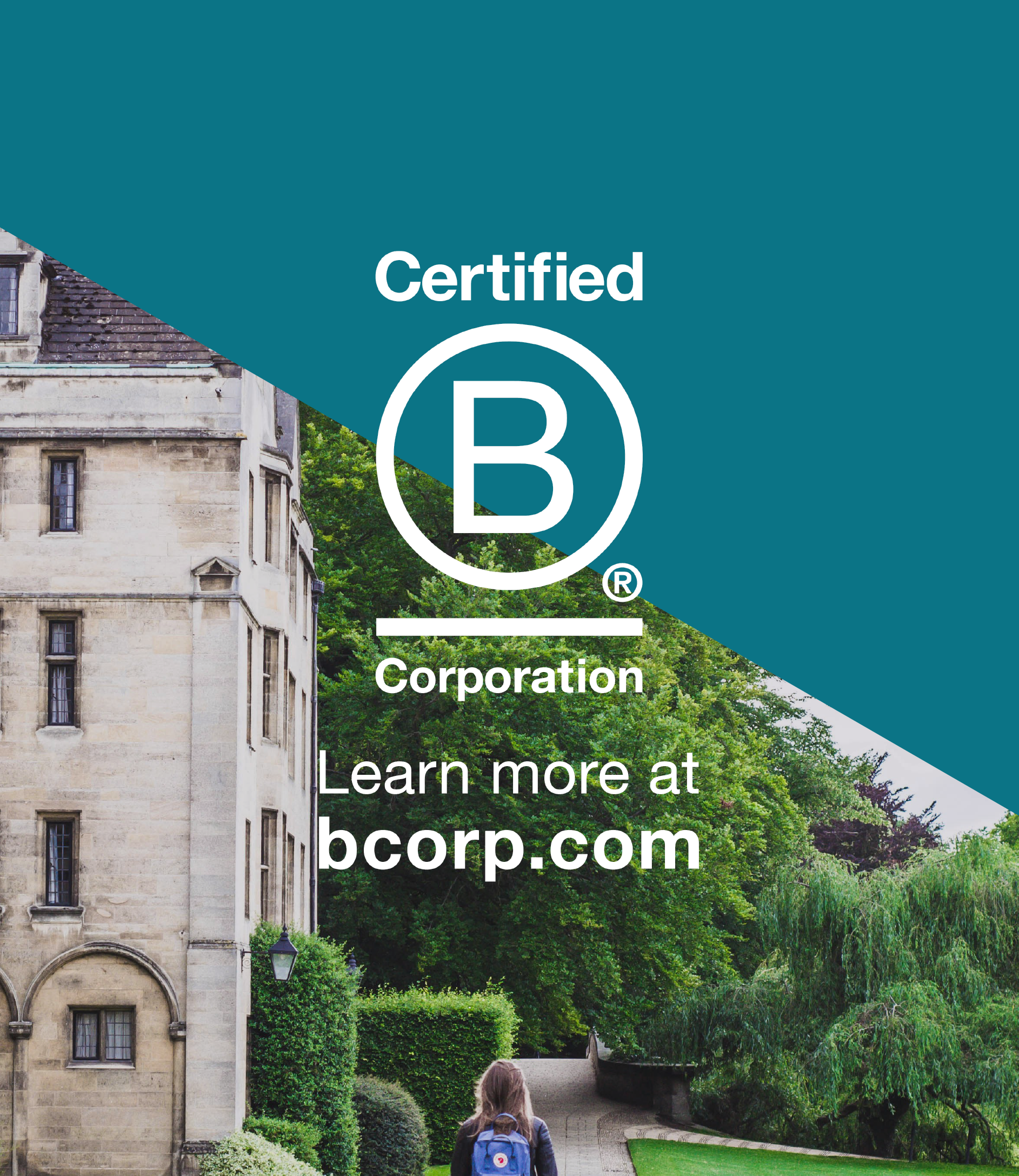 Lady walking at Cambridge University with B Corp logo