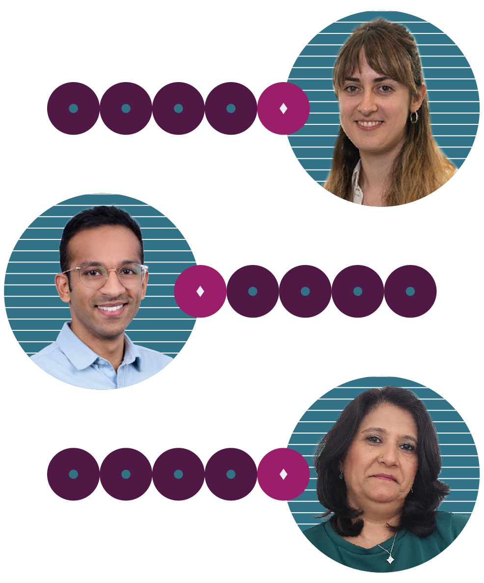 Three round headshots of colleagues on teal striped backgrounds, linked by a row of purple dots.